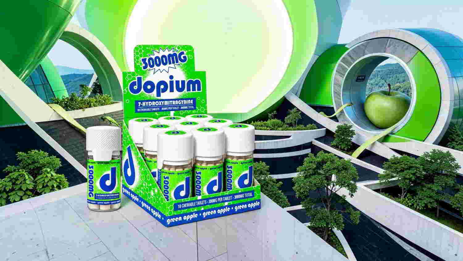 Bottles of Doplum energy drink displayed in a futuristic setting.