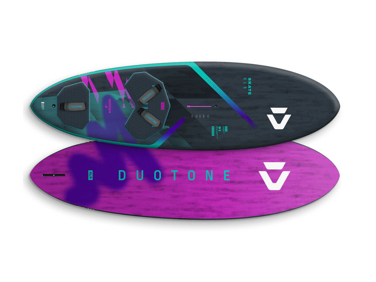 A colorful surfboard design with black and purple sections.