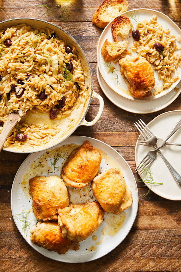 Chicken with buttery orzo and olives