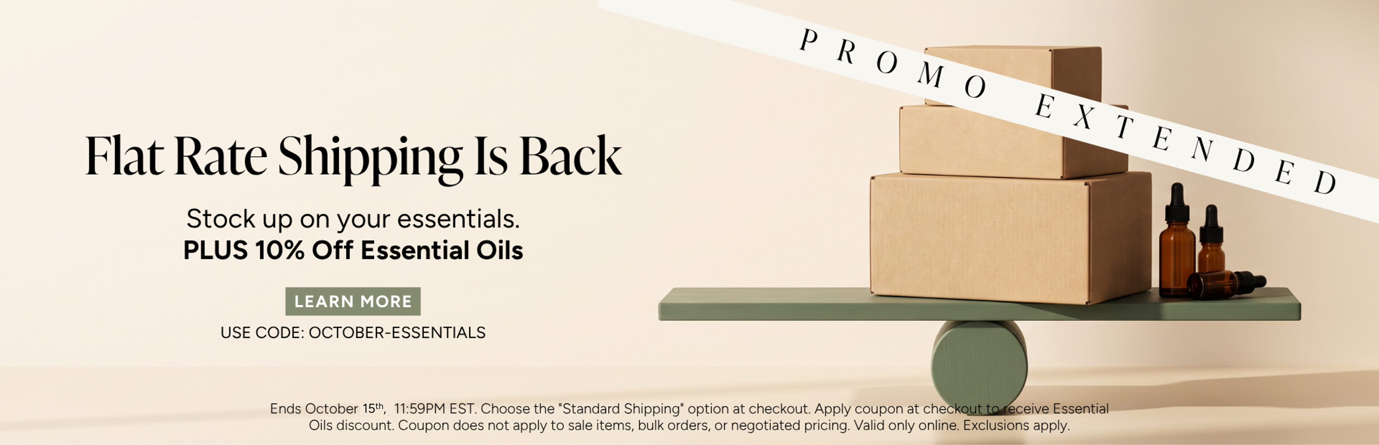 Flat rate shipping promotion with boxes and essential oils displayed.