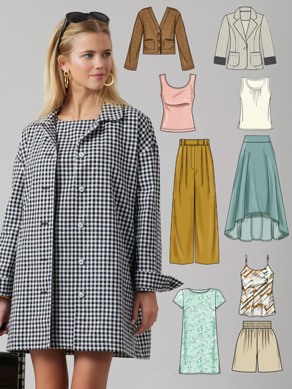 Woman in a stylish checkered coat with various clothing designs around her.