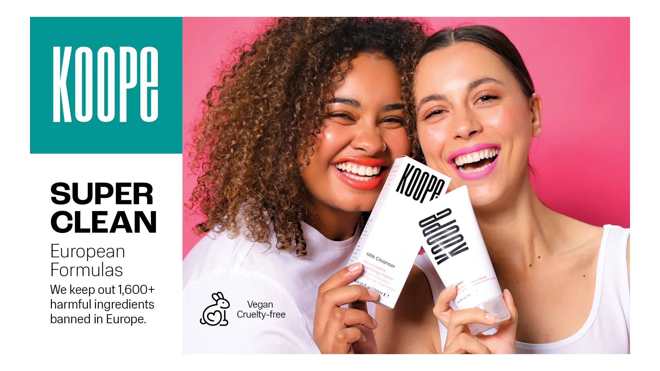 Two women smiling, holding skincare products against a colorful background.