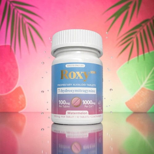 Bottle of Roxy supplements against a colorful tropical background.