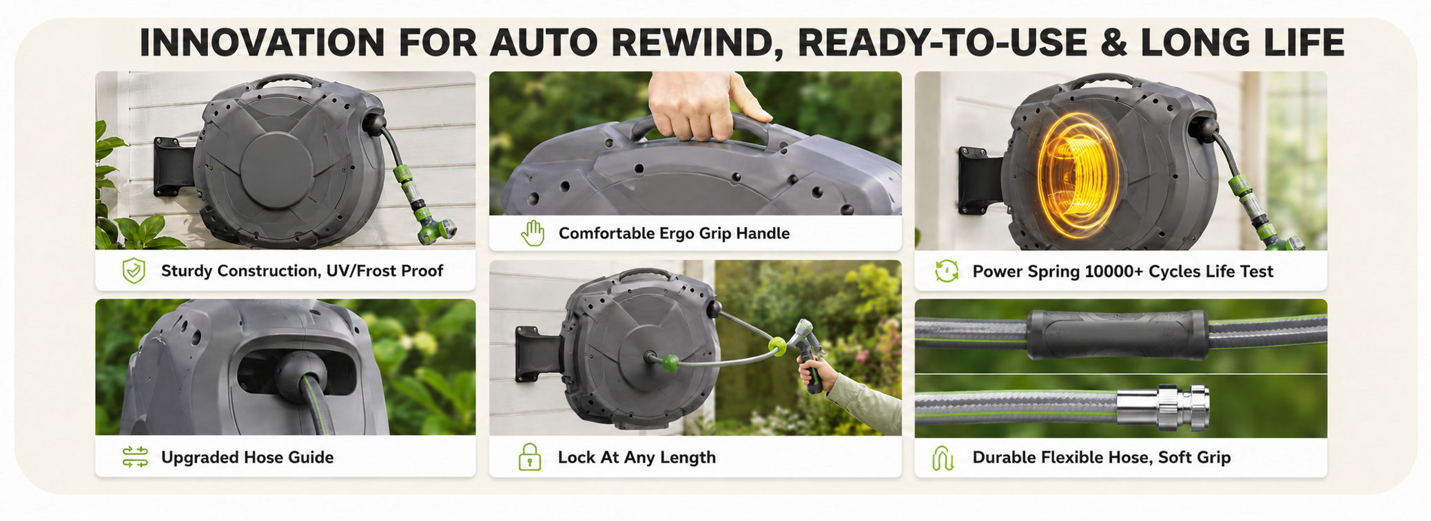 Auto-rewinding garden hose reel features and benefits.
