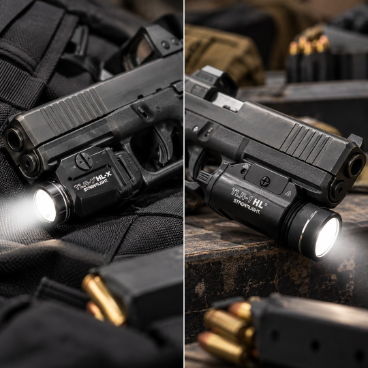 Handgun with tactical flashlight on a textured surface surrounded by ammunition.