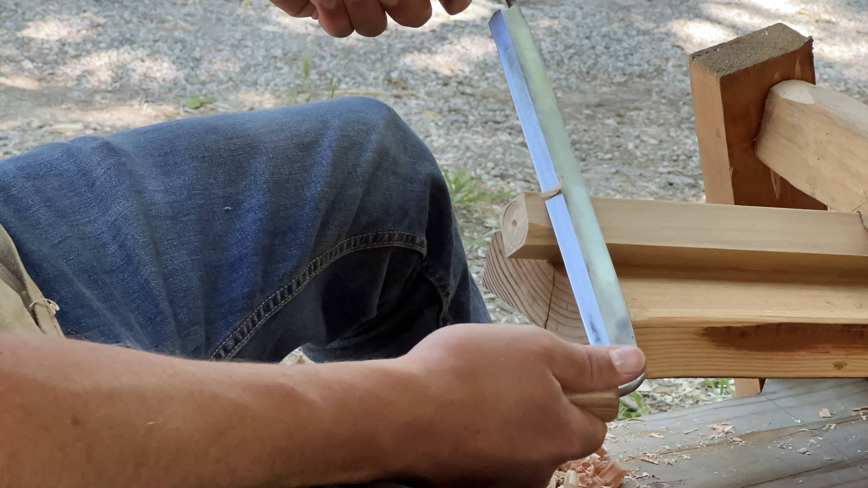 shaping a round tenon with a drawknife