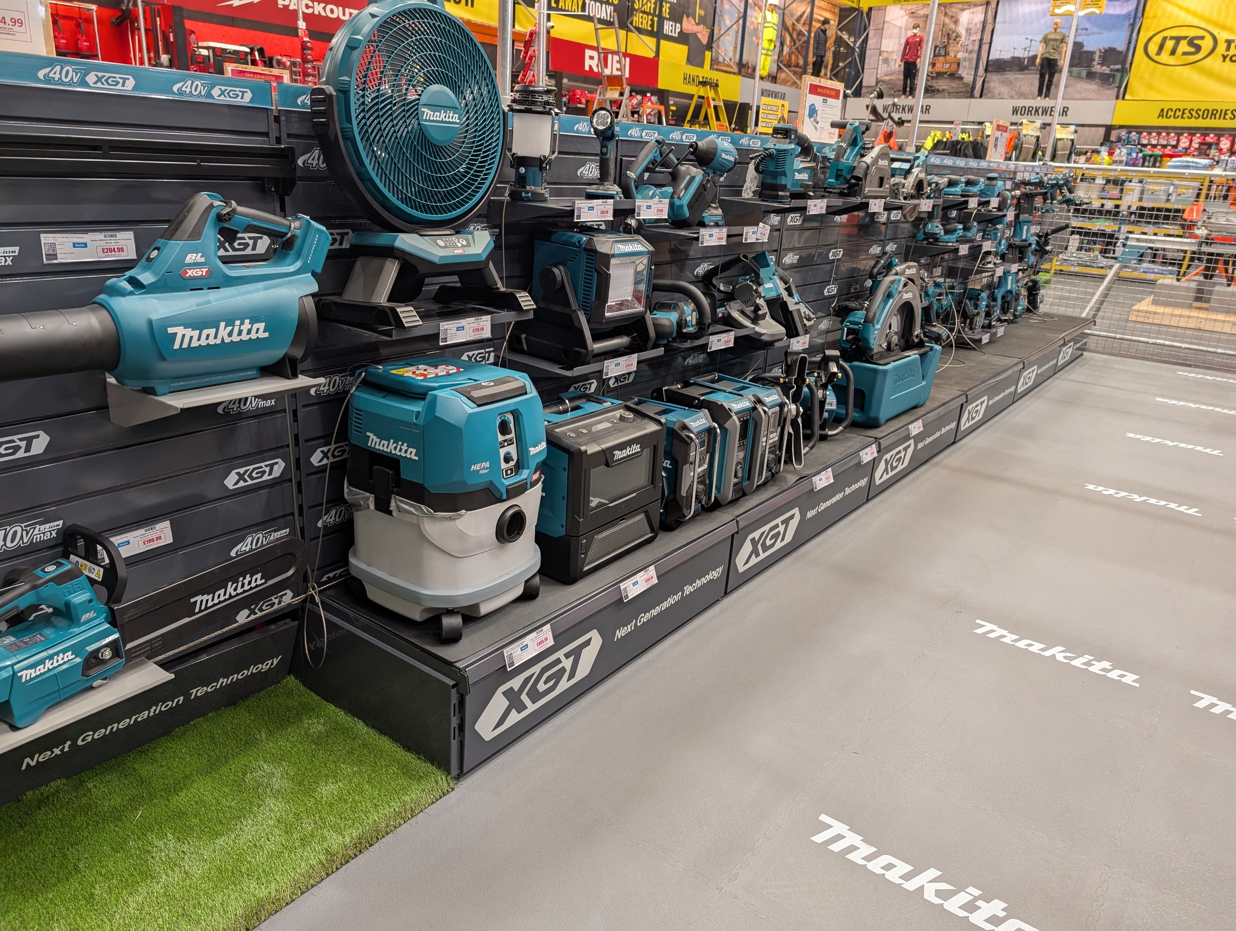 Display of Makita power tools and equipment in a store.