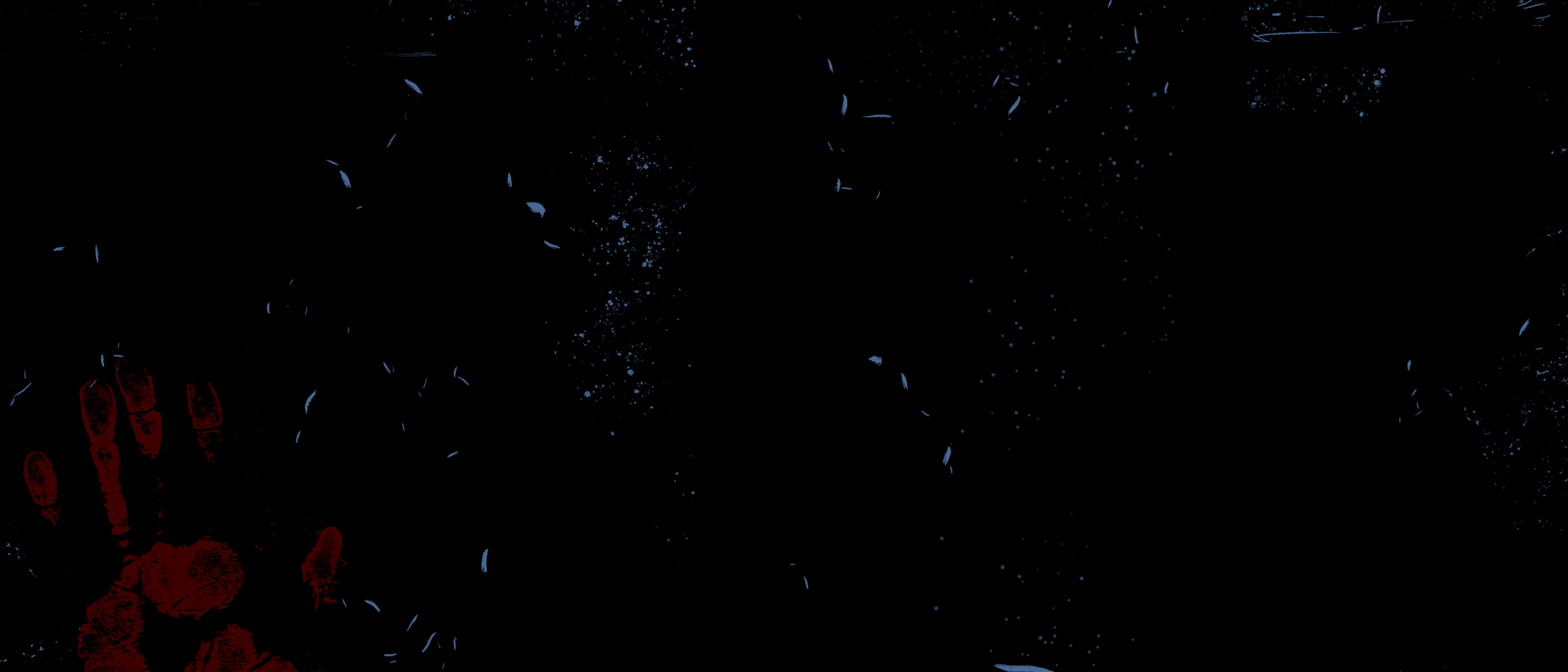 A dark scene with a red handprint and faint lights.