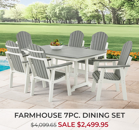 Farmhouse 7-piece dining set displayed outdoors with a sale price.