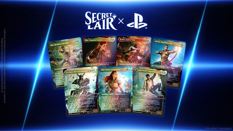 Cards from playstation superdrop secret lairn featuring various characters.