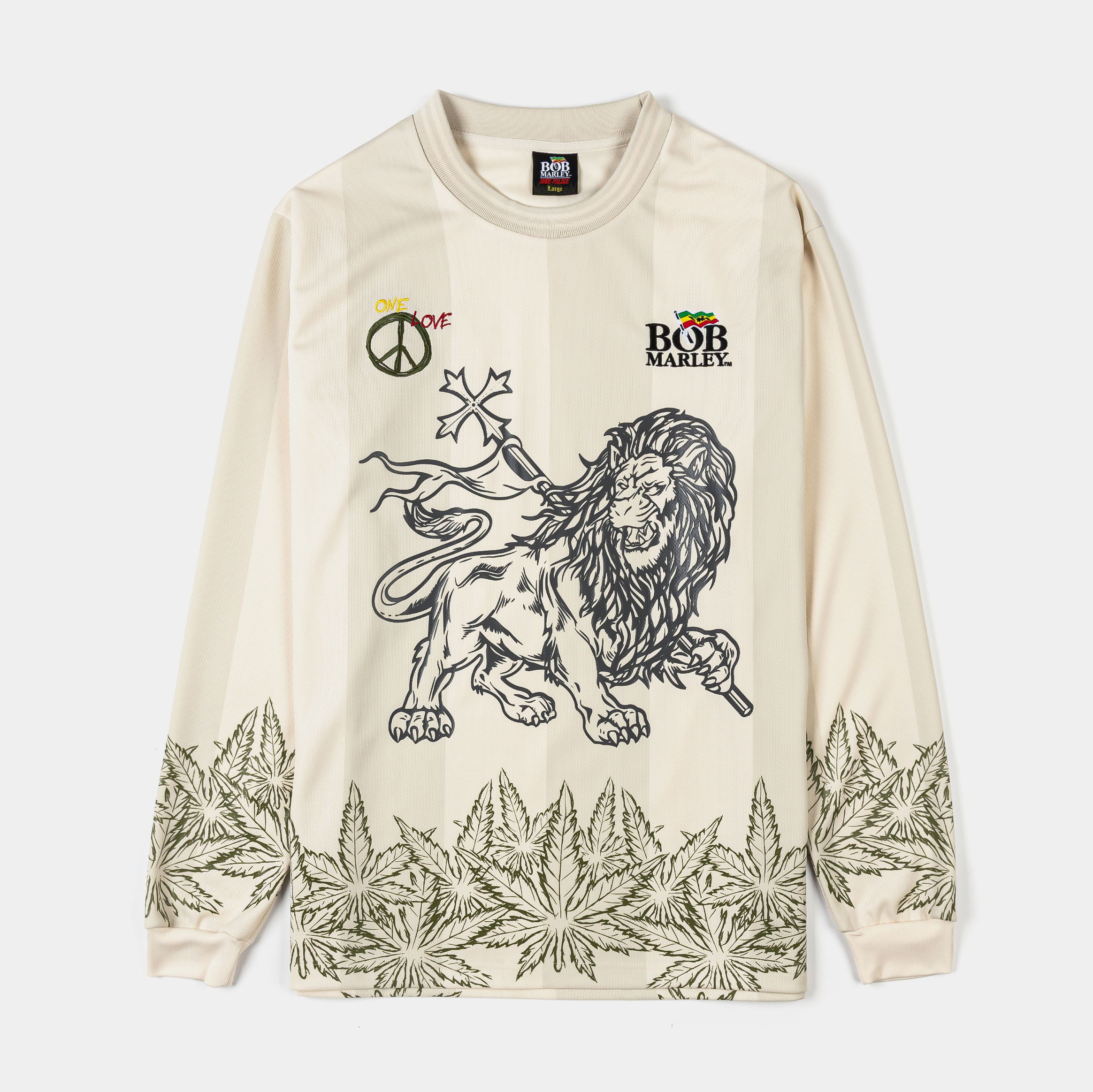 Long-sleeve shirt with lion graphic and cannabis leaf design at the bottom.