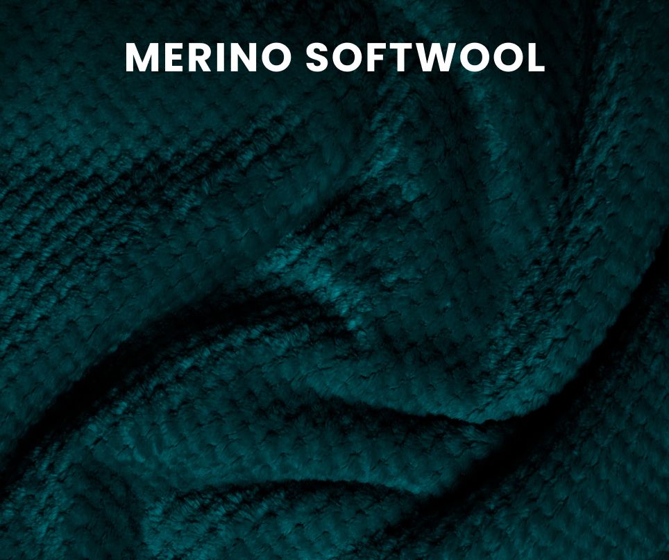Close-up of dark teal Merino soft wool fabric texture.