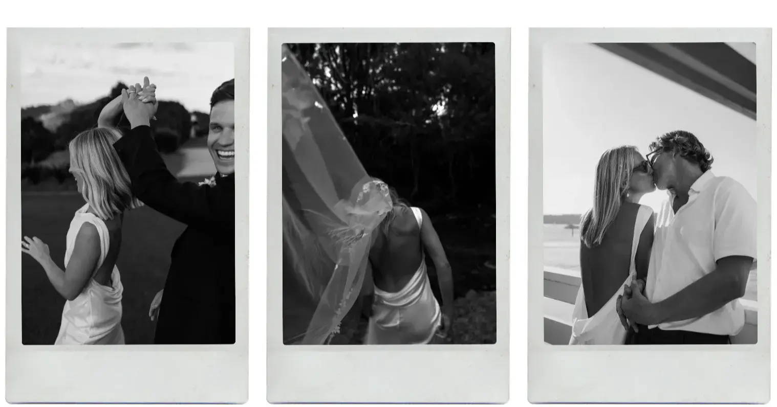 Three black and white photos of a couple sharing intimate moments.