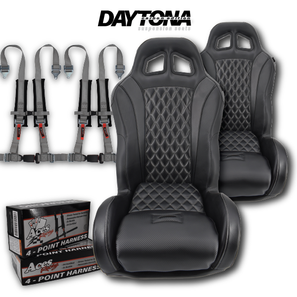Black Carbon Edition Daytona suspension seats with silver harnesses
