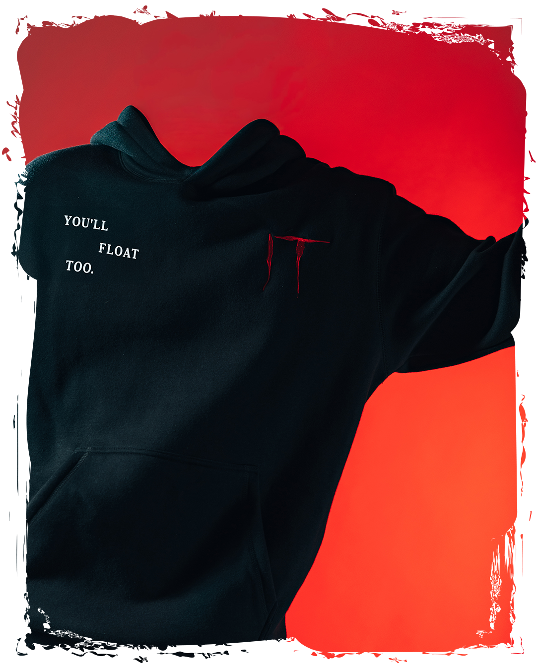 A black hoodie with red text reading 