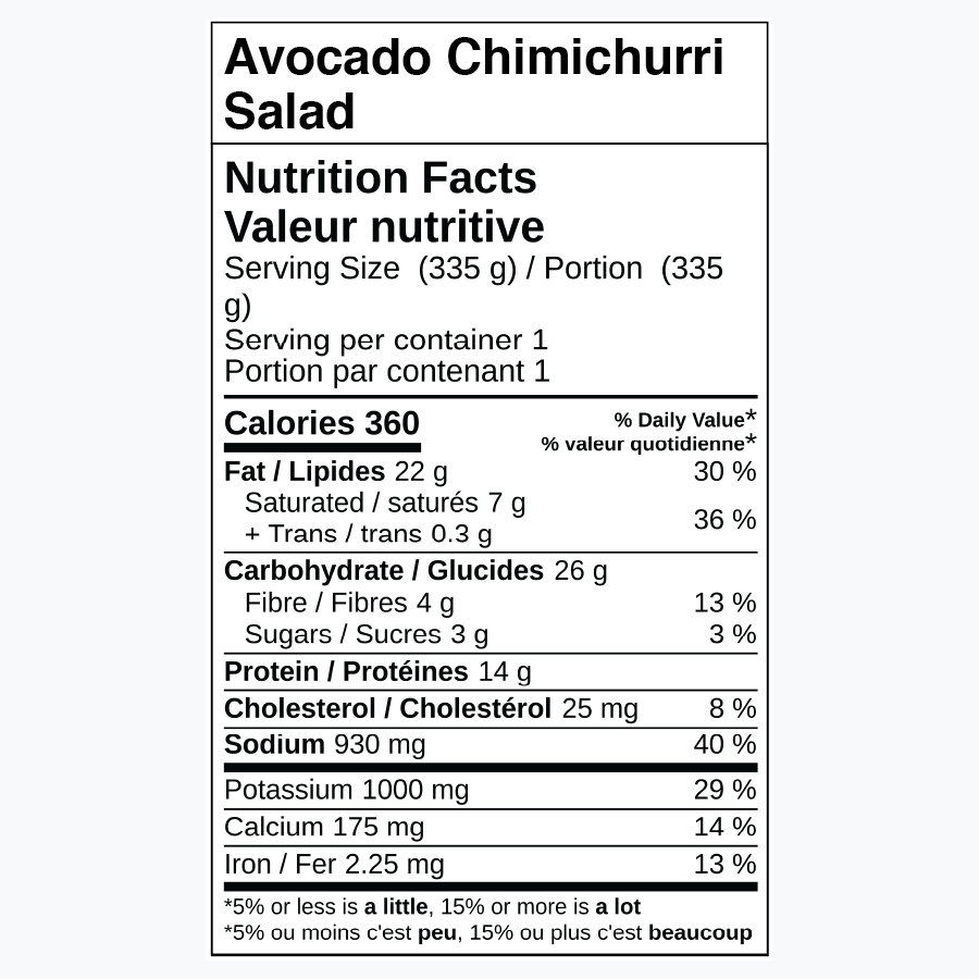 Nutrition facts for Avocado Chimichurri Salad. Serving size: 335g.