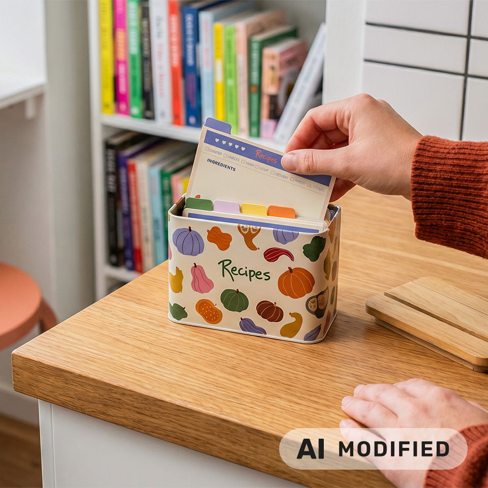 Une personne range une fiche de recette dans une boîte décorative sur une table.