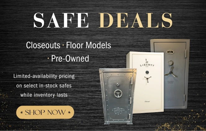 Banner advertising safe deals including closeouts, floor models, and pre-owned safes with a Shop Now button and multiple in-stock safe models displayed on a dark textured background