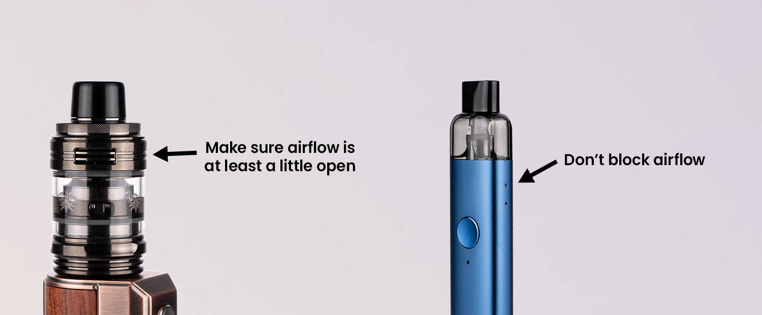 A photo highlighting the airflow inlets on a vape tank and vape pod.