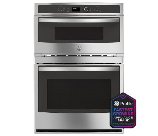 Stainless steel double oven with a digital display and appliance brand logo.