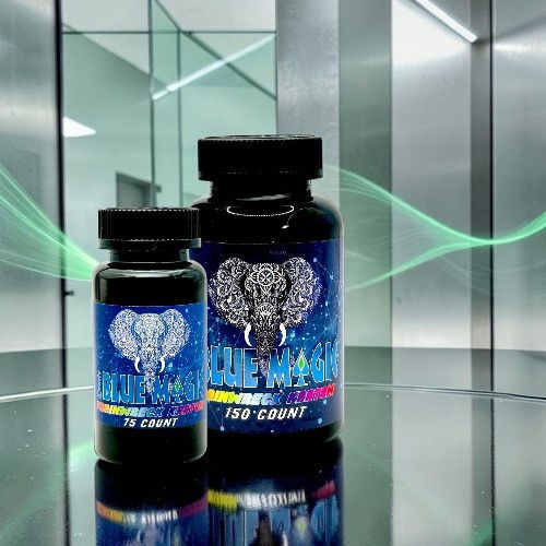 Two bottles of dietary supplements with colorful labels on a reflective surface.