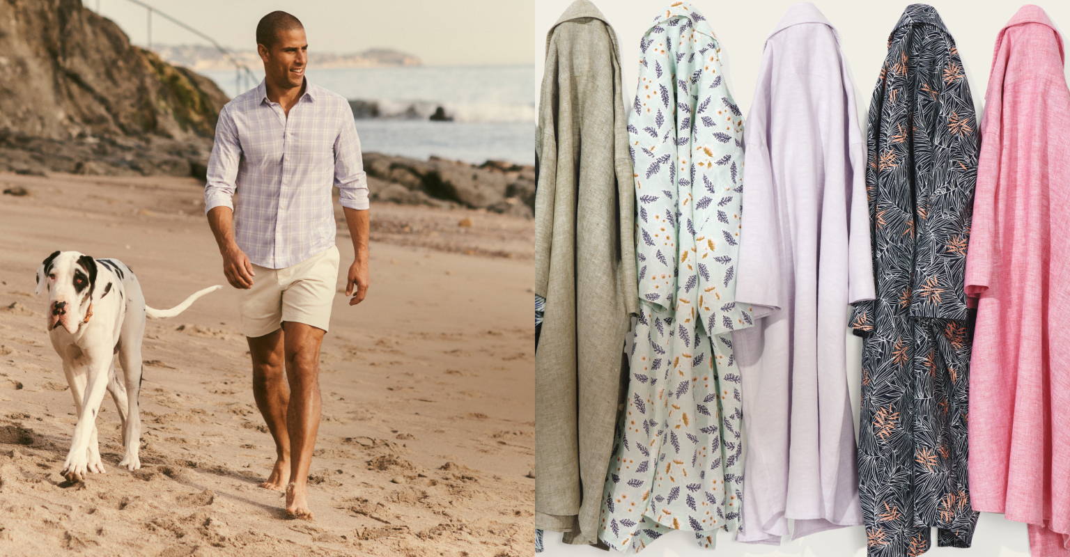Model on the left is wearing UNTUCKit Ferguson Button Down. Image on the right shows collection of UNTUCKit button-downs. 