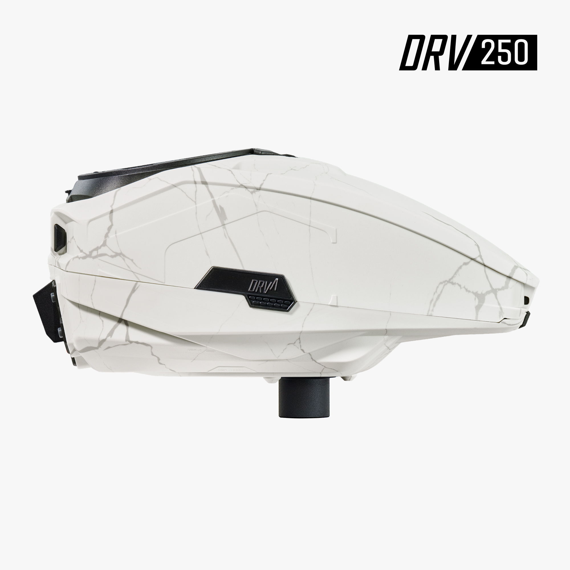 White DRV250 paintball hopper with a sleek design and modern graphics.