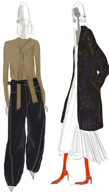 Fashion illustration featuring two stylish outfits on elongated figures.