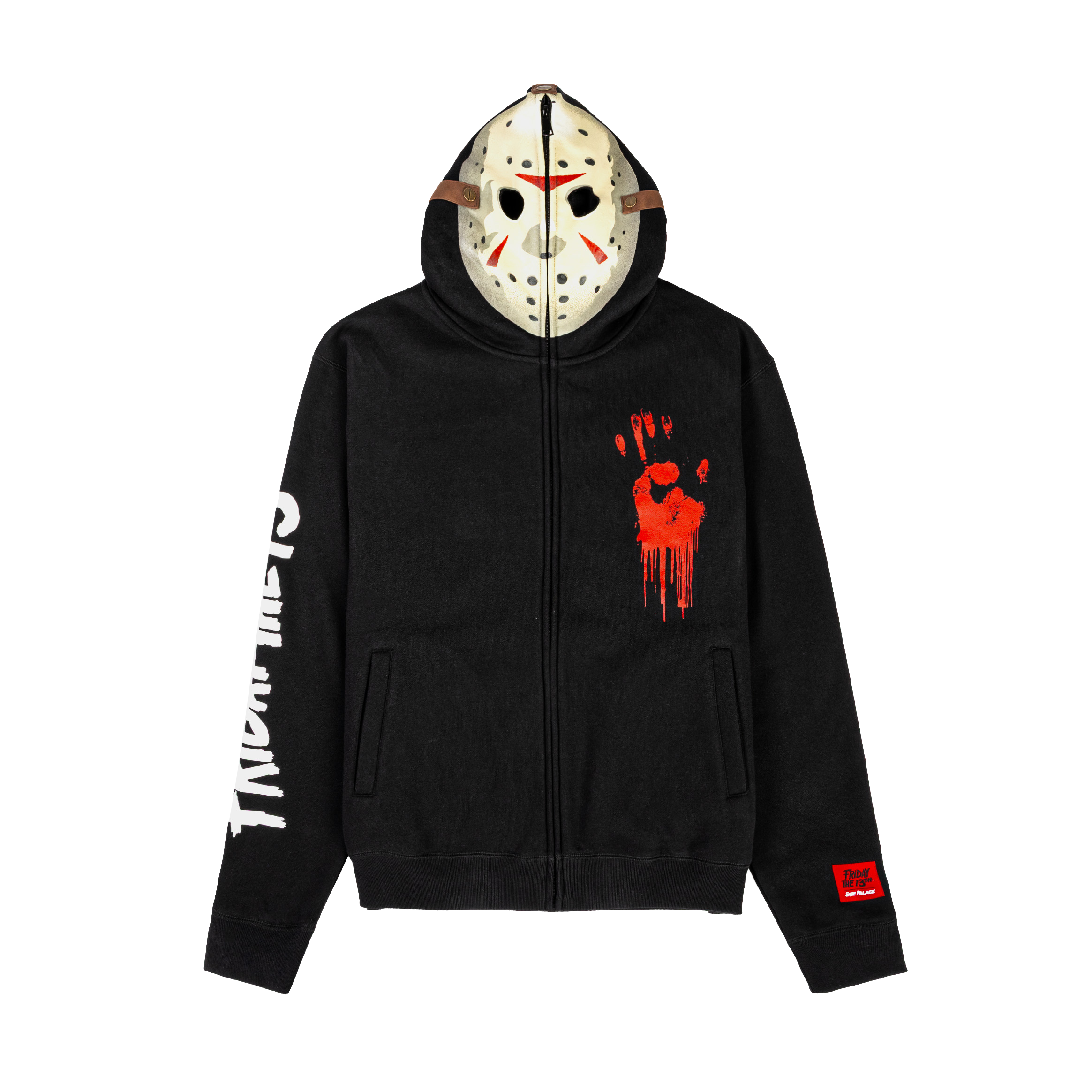 Black hoodie with Jason mask and red graphic design.