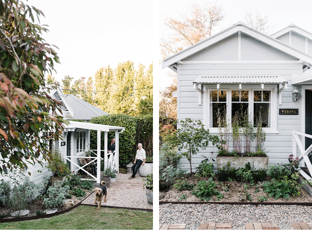 2 images. 1) A view of Werona Cottage from the side. James and Tony hanging out with their dog. 2) The front view of Werona Cottage.