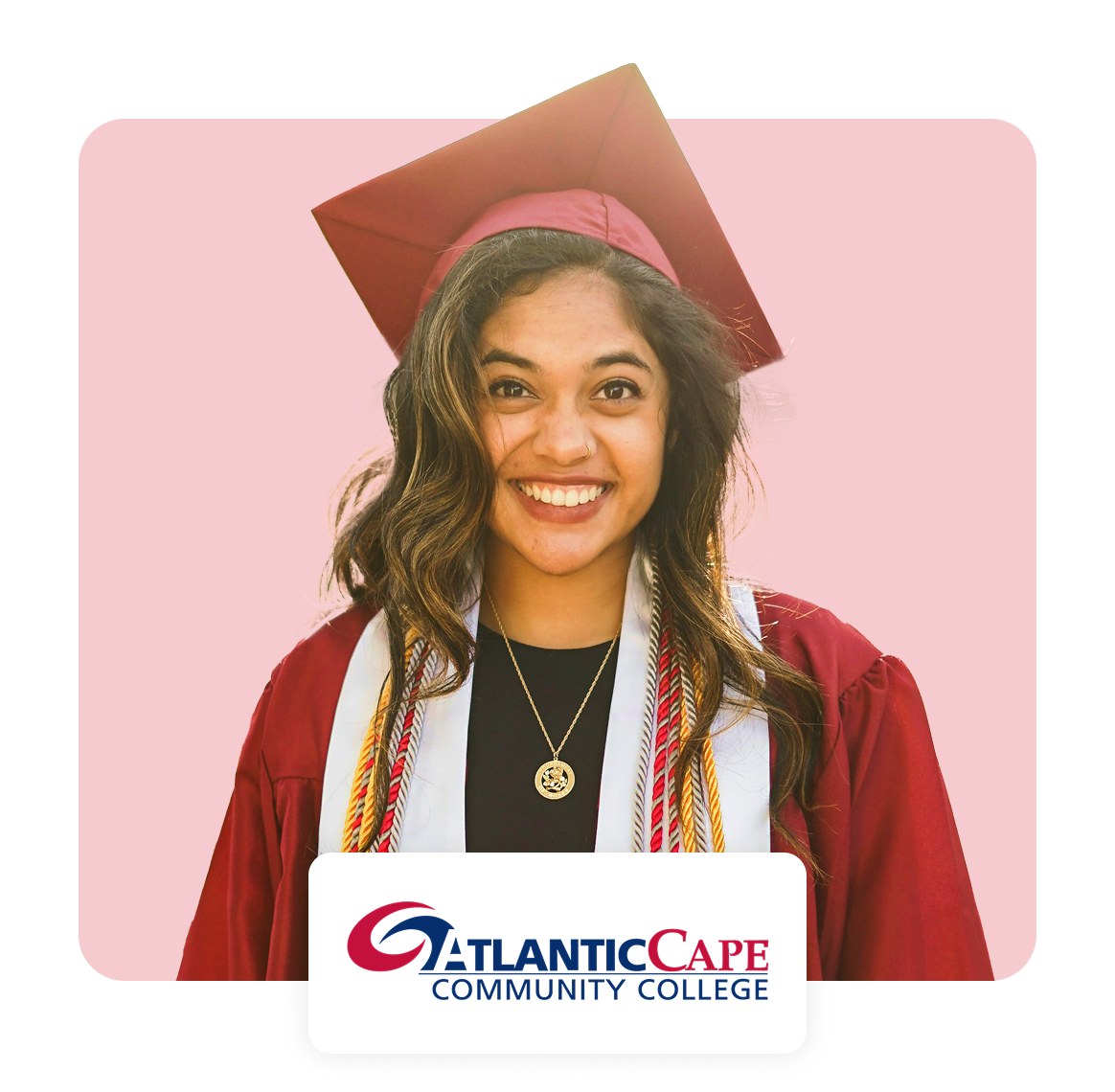 Smiling graduate in cap and gown with Atlantic Cape Community College logo.