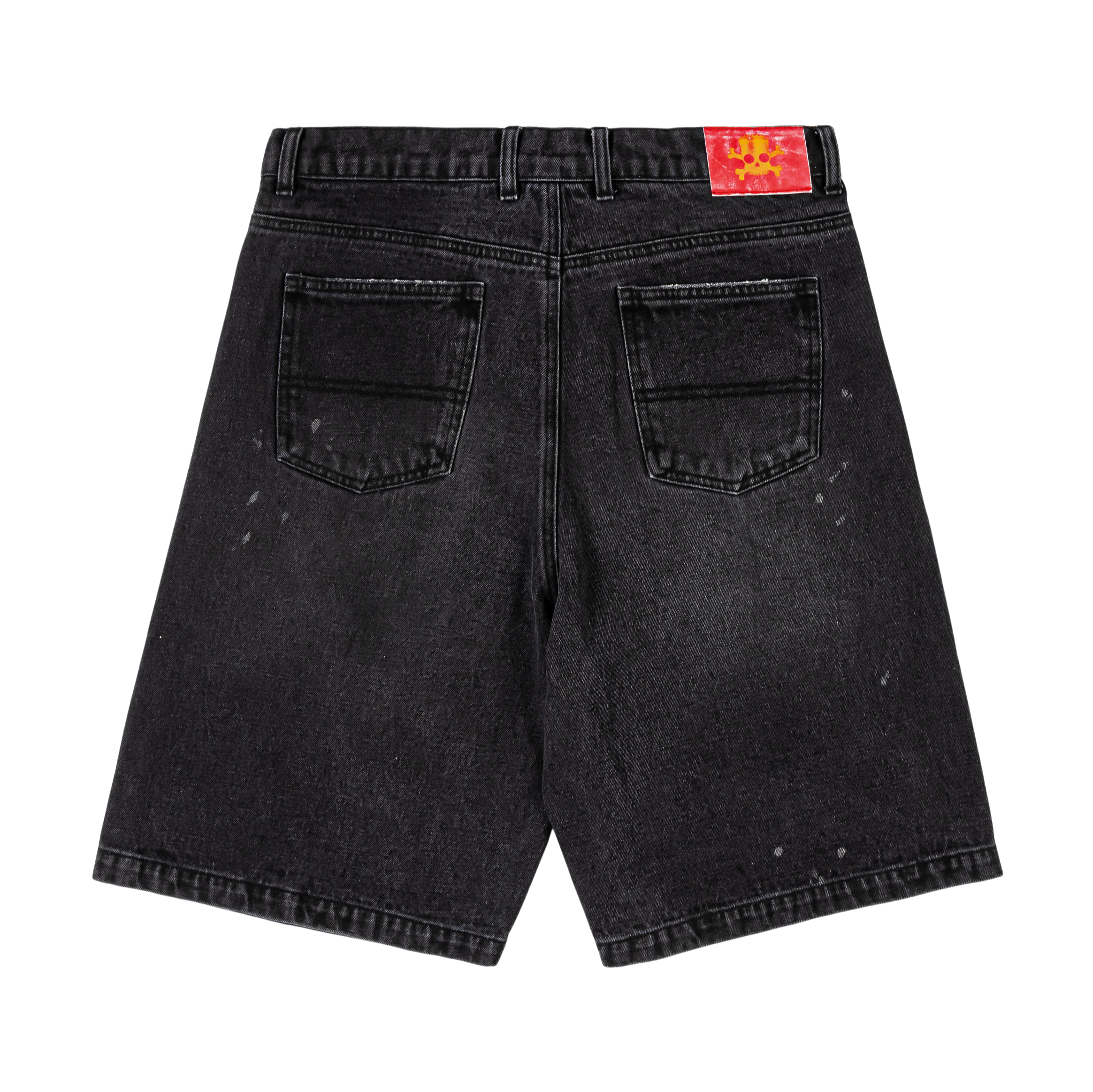 Black denim shorts featuring The Simpsons and a graphic logo.