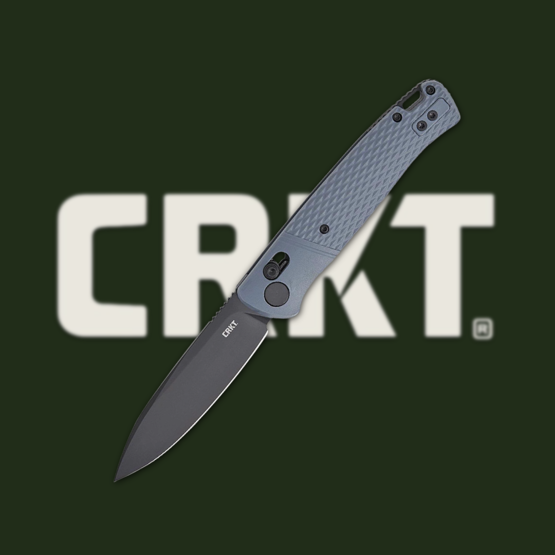 Gray folding knife with CRKT logo in the background.