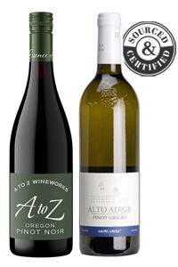 Two wine bottles with labels: A to Z Pinot Noir and Alto Adige Pinot Grigio.