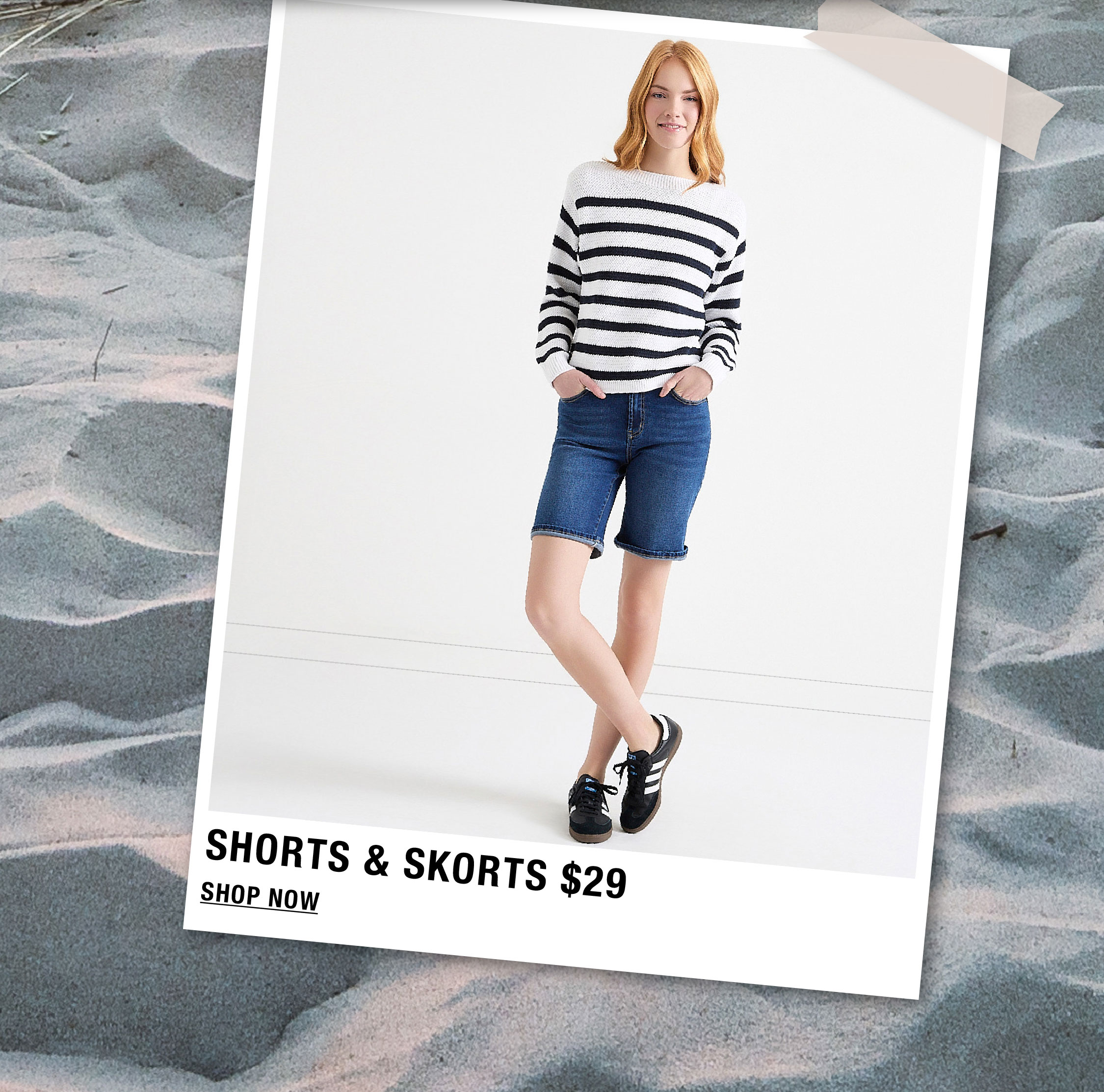 Model in striped sweater and denim shorts, promoting shorts and skorts for $29.