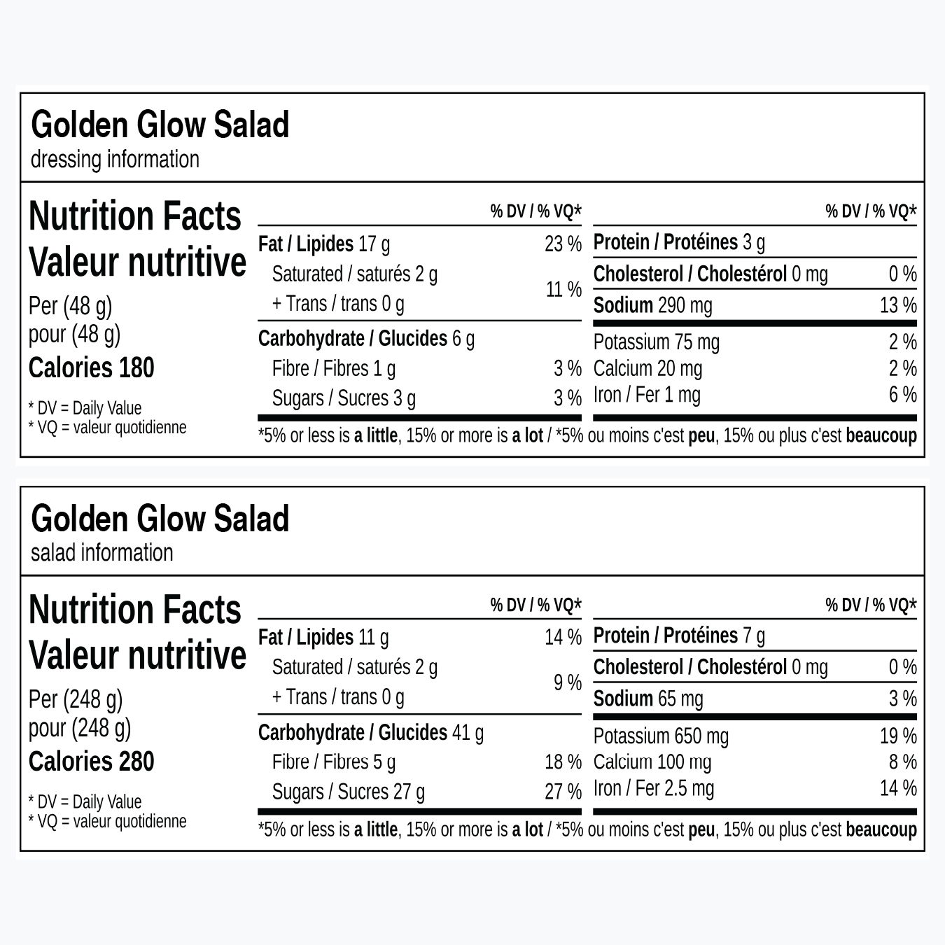 Nutrition facts for Golden Glow Salad and dressing information.