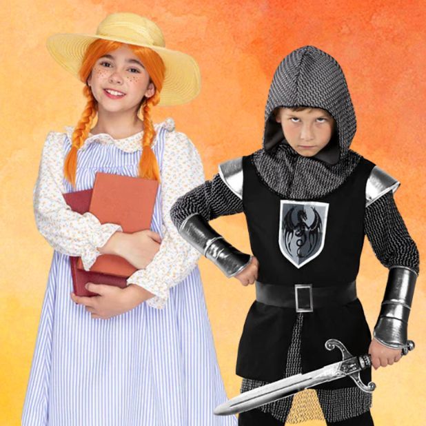 An orange background with two Historical Characters. Green Gables Girl and Joan of Arc Boy Costumes. Click to shop all Historical Book Week Costumes.