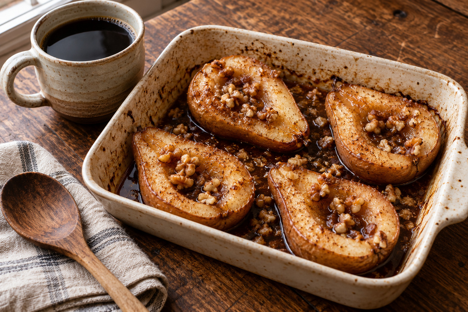 Baked pears with nuts in a dish, coffee cup nearby on a wooden table.