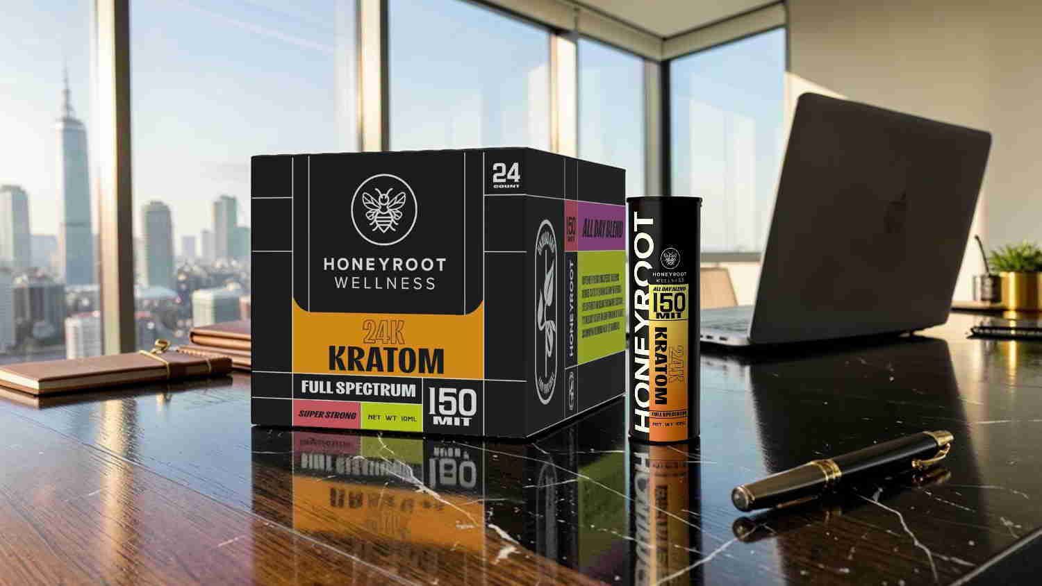 Kratom product box on a desk with a city view.