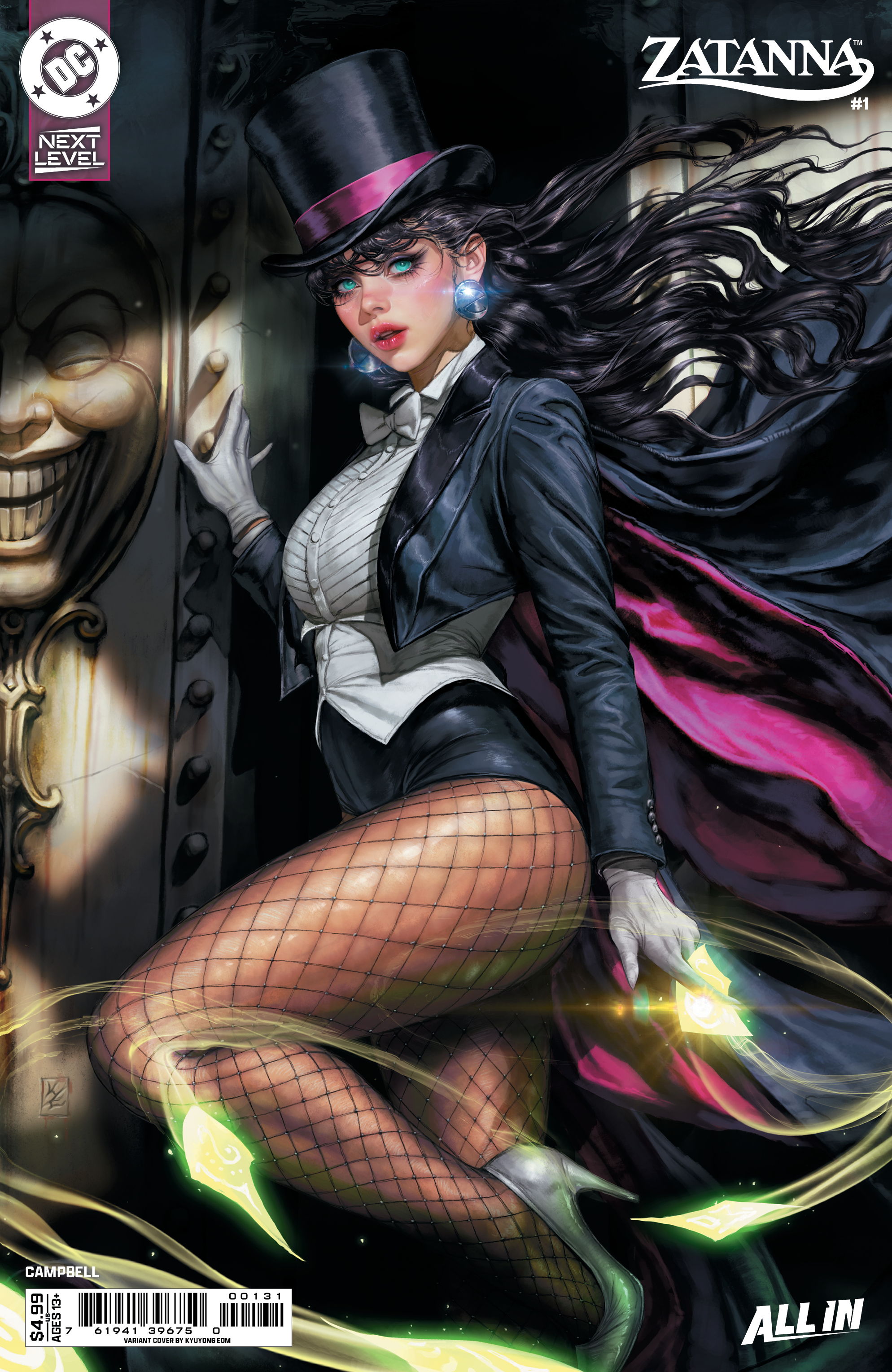 Zatanna in a magician's outfit with fishnet stockings and a cape.
