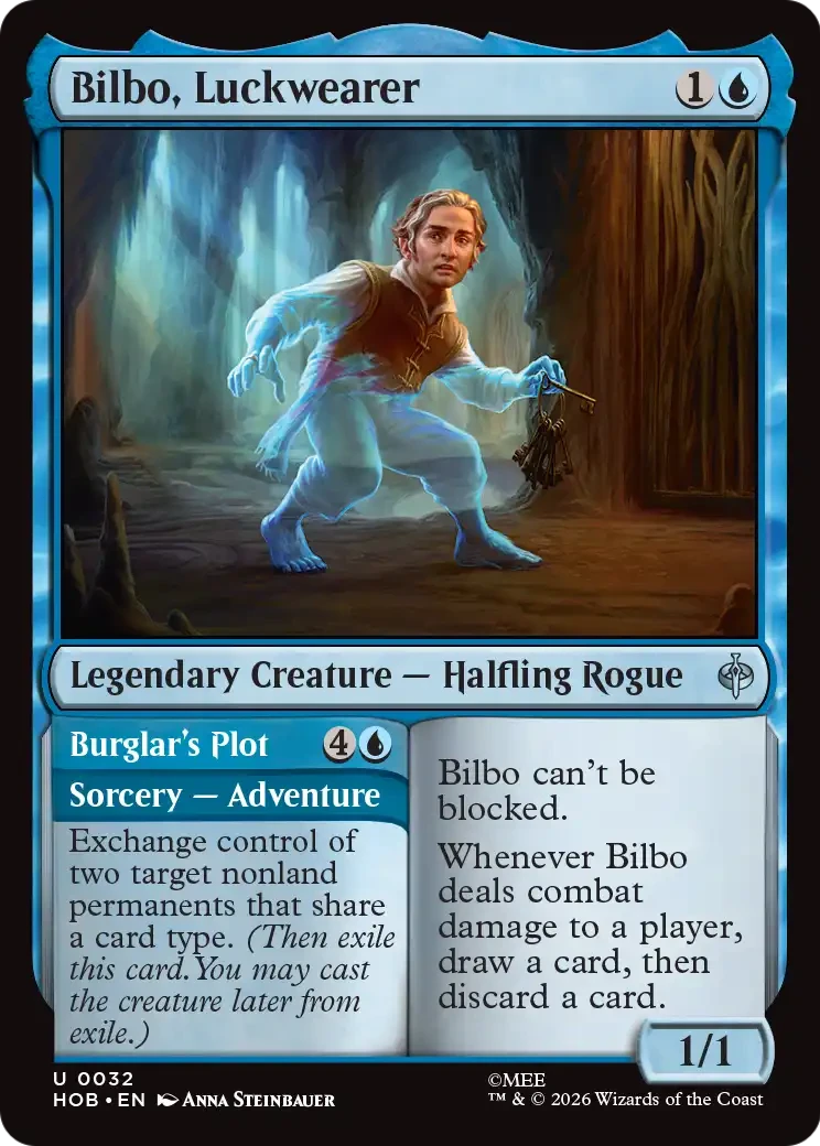 MTG The Hobbit cards - Card featuring Bilbo, Luckwearer, a legendary halfling rogue in a fantasy setting.