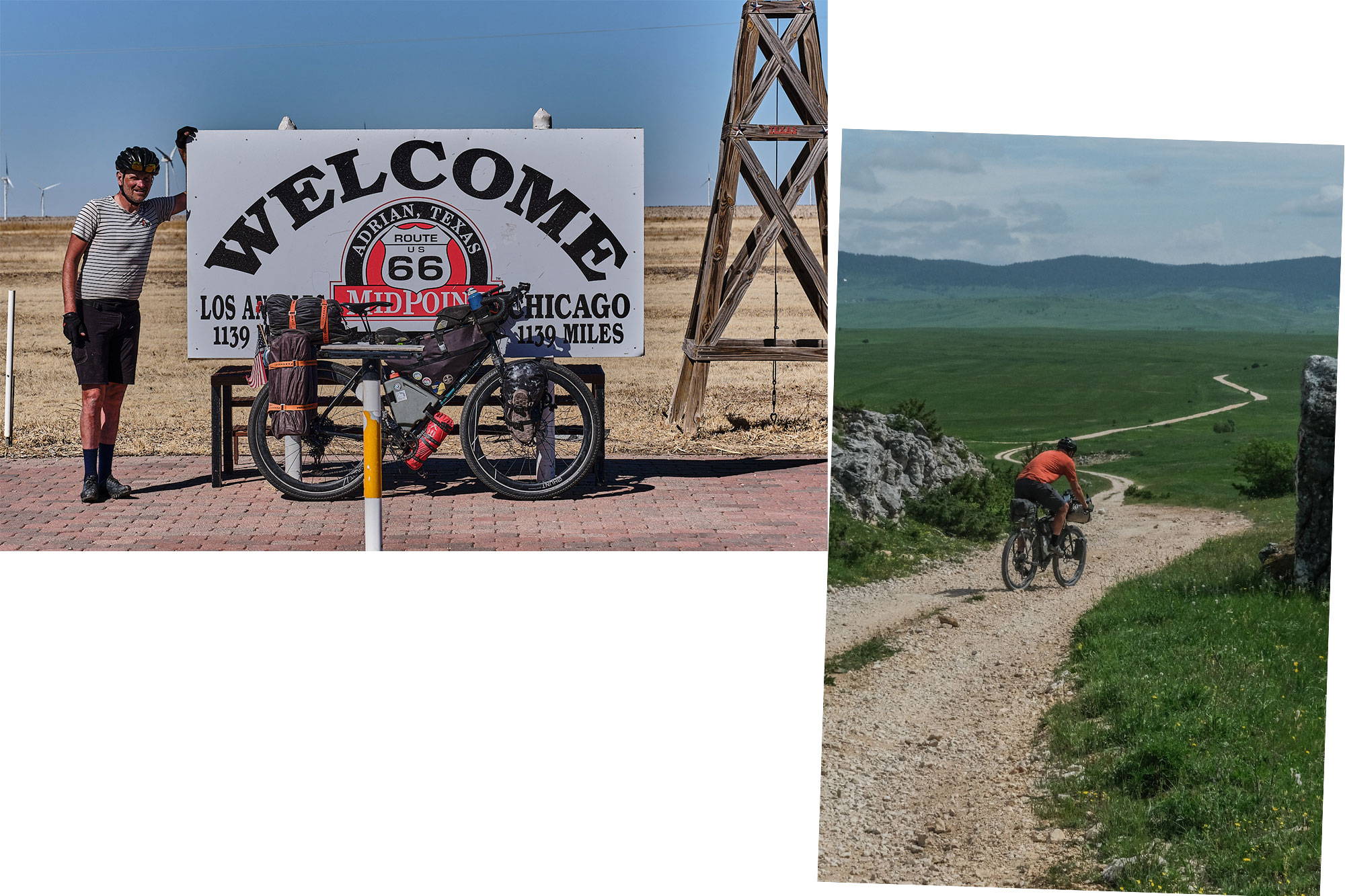 Andy stood by the route 66 sign and riding down a trail