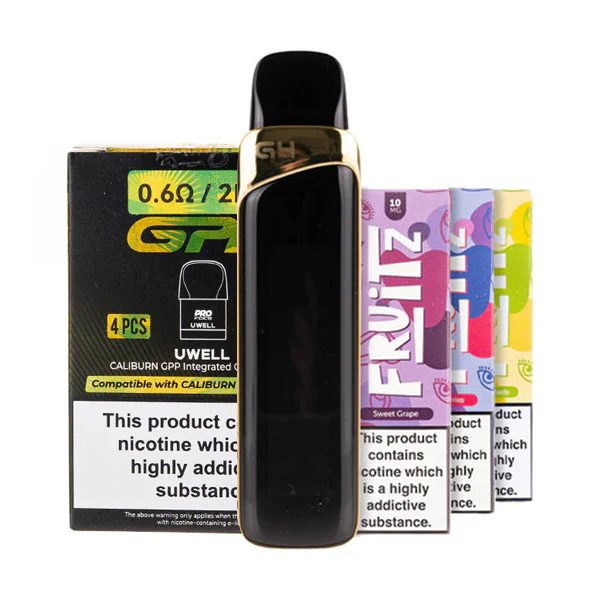 A picture of a pod kit, with a pack of pods and three e-liquids