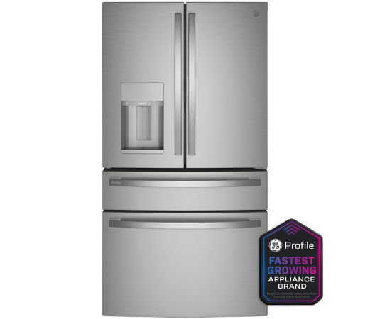 Silver French door refrigerator with water dispenser and product badge.