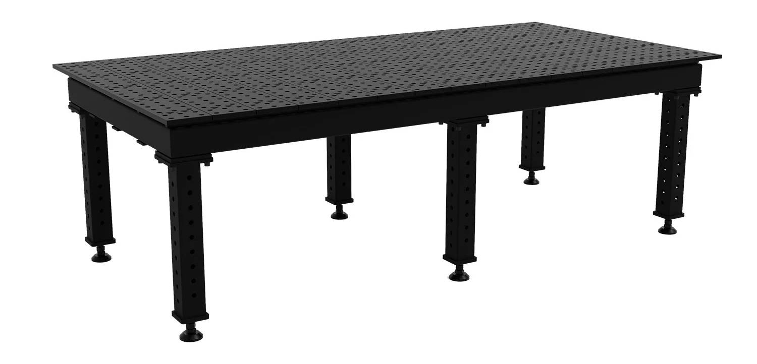 Black work table with a perforated surface and sturdy legs.