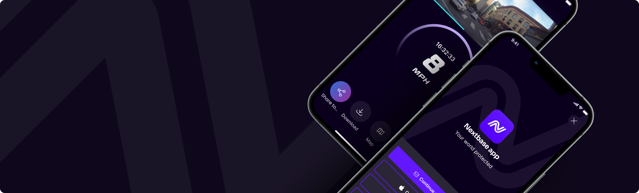 Two smartphones displaying app interfaces on a dark background.