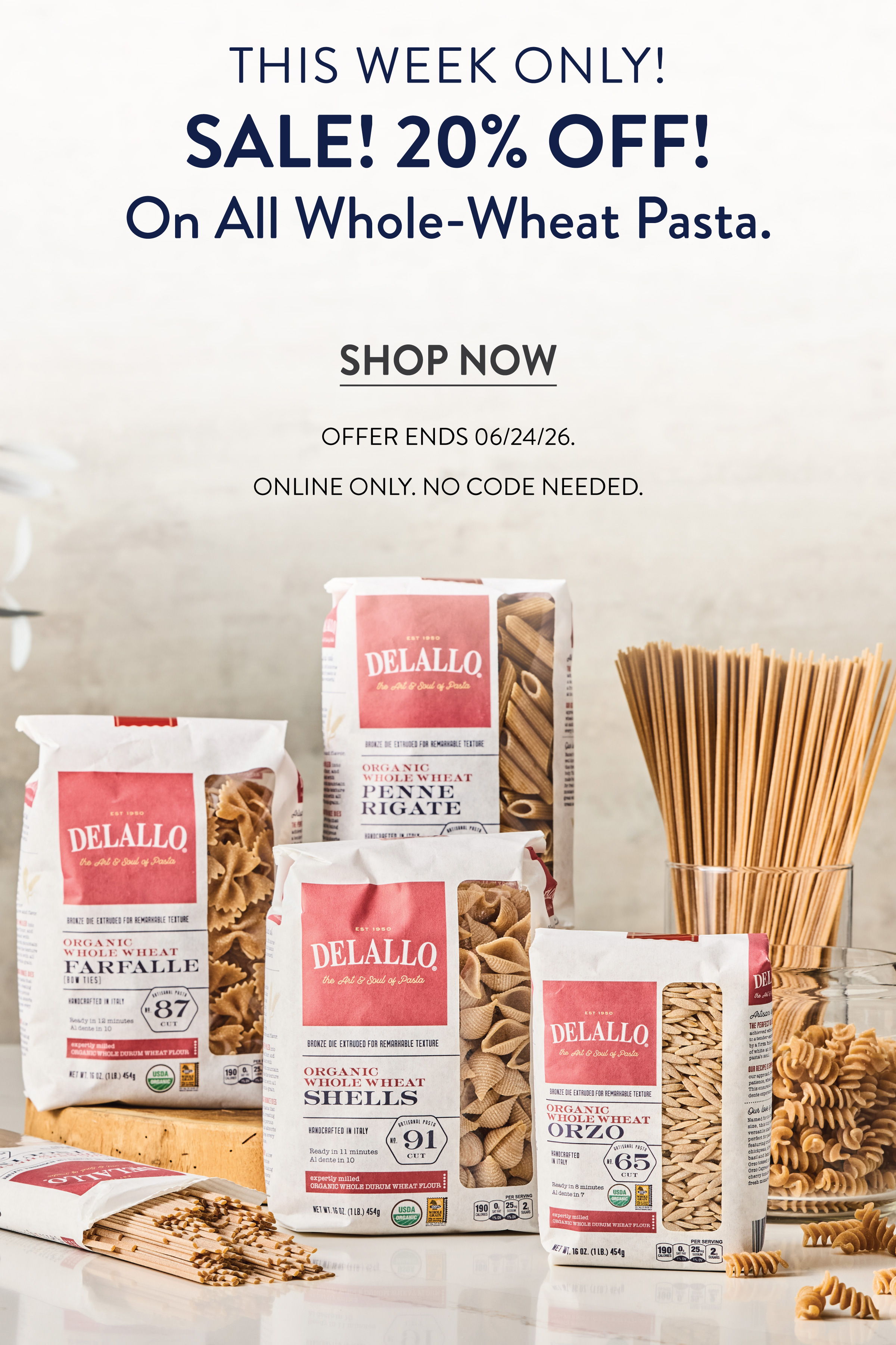 Promotional image for 20% off whole-wheat pasta sale.