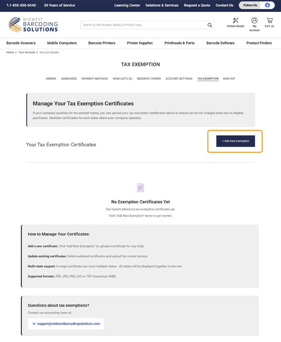 Tax exemption management page with a button for managing certificates.