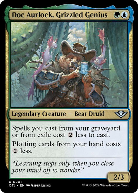Doc Aurlock, Grizzled Genius card with abilities and stats displayed.