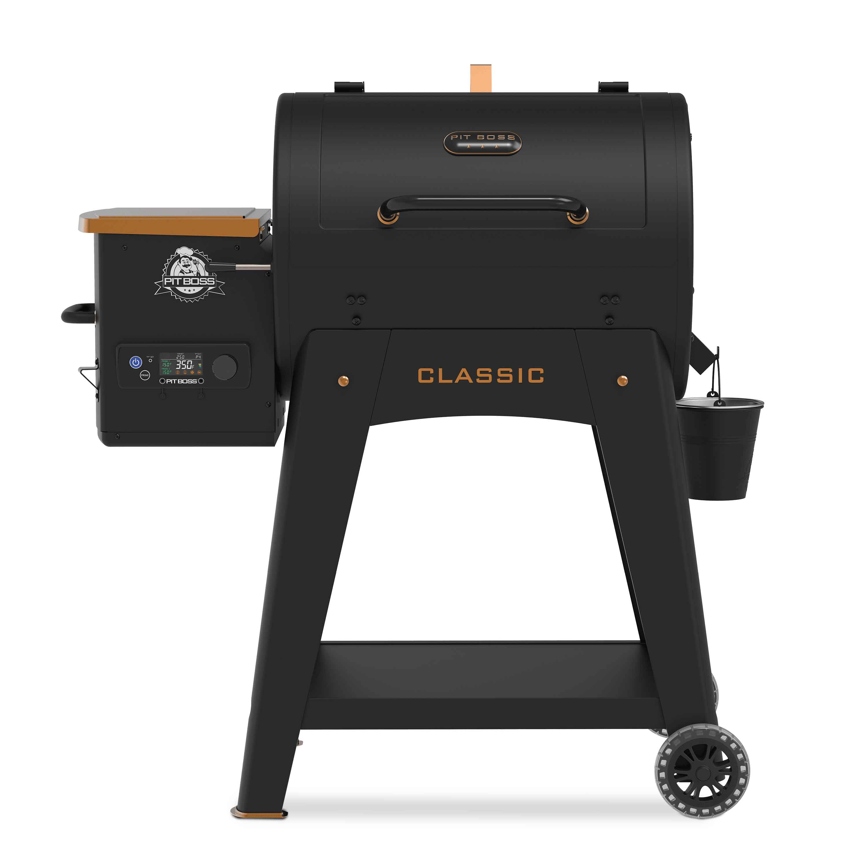 Black pellet grill with a side shelf and wheels.